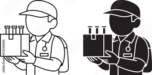 Courier Delivering Package with Bottles Icon, Line Art and Silhouette Style