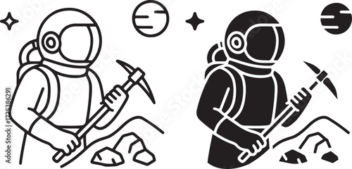 Astronaut Mining Rocks with Pickaxe on Planet Surface Icon, Line Art and Silhouette Style