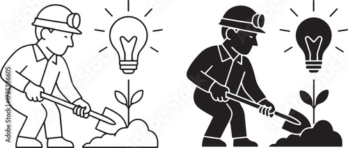 Miner Planting Idea Light Bulb with Shovel Icon, Line Art and Silhouette Style