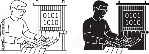 Programmer Weaving Binary Code on Loom in Digital Technology Icon, Line Art and Silhouette Style