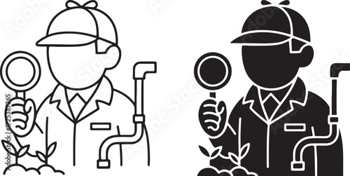 Agronomist Inspecting Plants with Magnifying Glass in Agriculture Icon, Line Art and Silhouette Style