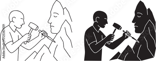 Sculptor Carving Monumental Stone Face with Hammer and Chisel in Line Art and Silhouette Style