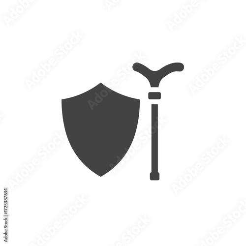 Vector glyph icon of white cane with shield, accessibility protection symbol, disability safety, inclusive support design