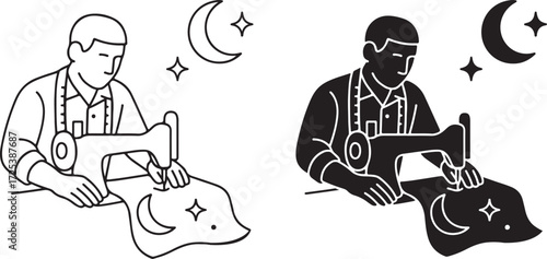 Tailor Sewing Fabric with Moon and Stars on Sewing Machine in Line Art and Silhouette Style