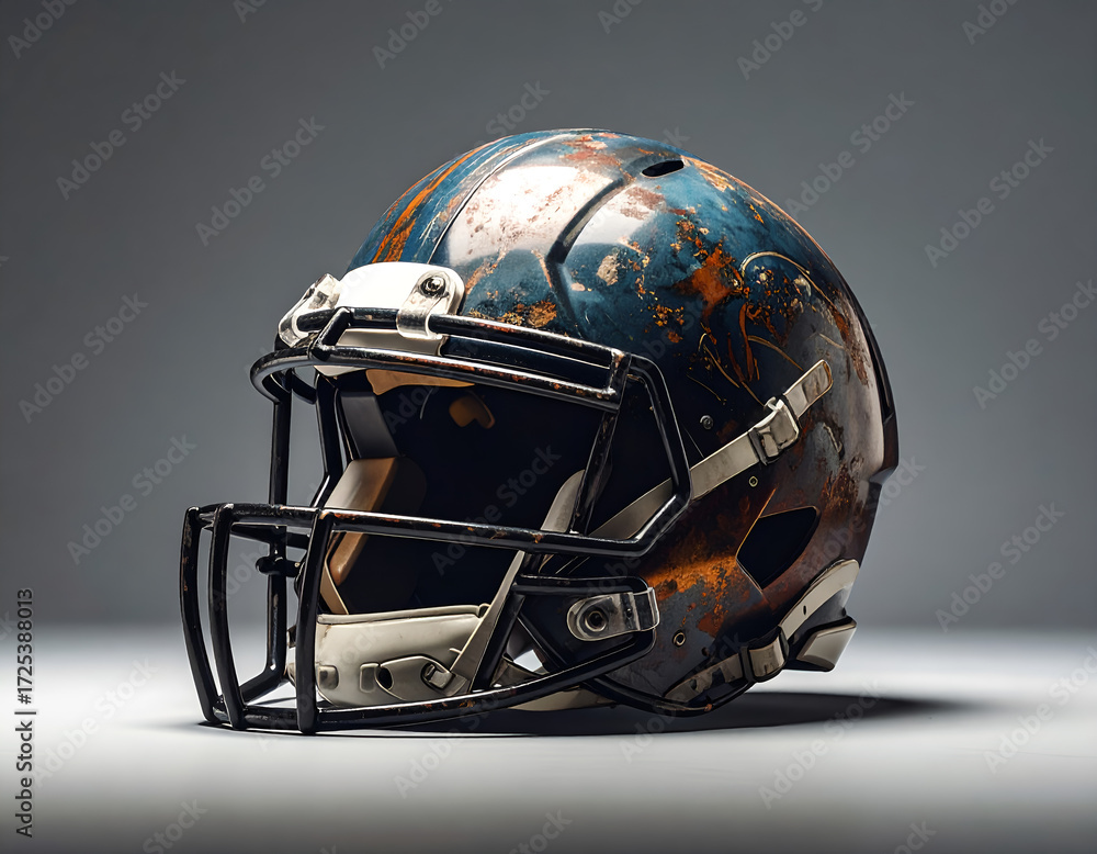 Fototapeta premium A side view of a modern American football helmet. An icon of a popular, high-contact sport, representing teams and competition. Generative AI