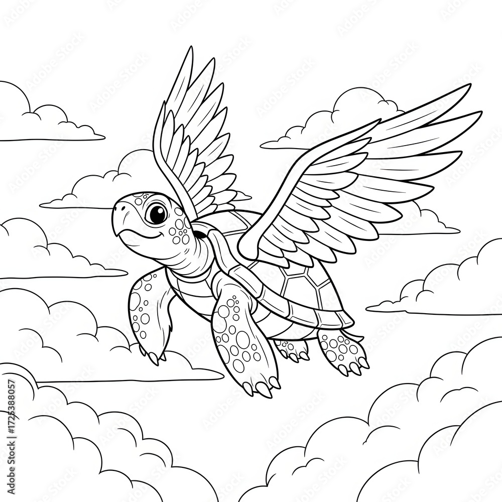Naklejka premium A cute flying turtle coloring page. Fantasy illustration of a happy turtle with wings flying through the clouds in the sky. A whimsical activity sheet for children.
