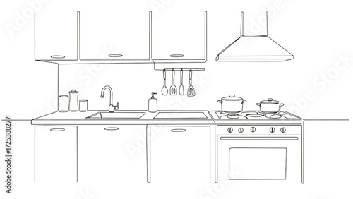 Minimalist continuous line art kitchen setup geometric utensils
