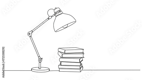One line art reading lamp and stack of books minimal