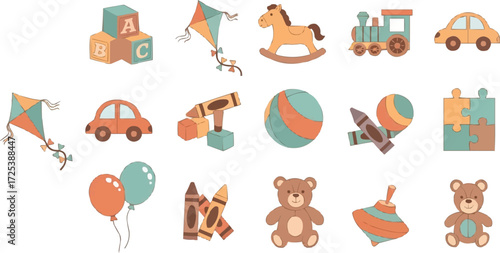 Collection of colorful toys for children including cars blocks and teddy bears.