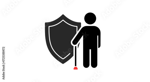 Vector glyph icon of blind person with white cane and shield symbol, disability safety and protection, accessibility, independence, inclusive mobility and universal design