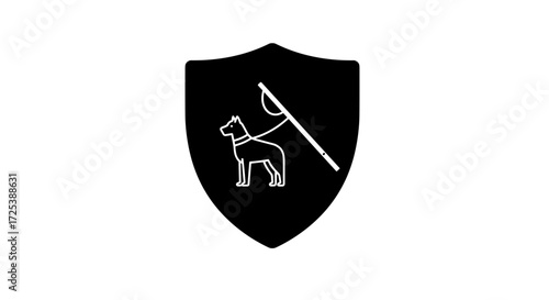 Vector glyph icon of guide dog with harness and white cane inside shield, symbol of safety, assistance, accessibility and disability support, inclusive mobility and independence