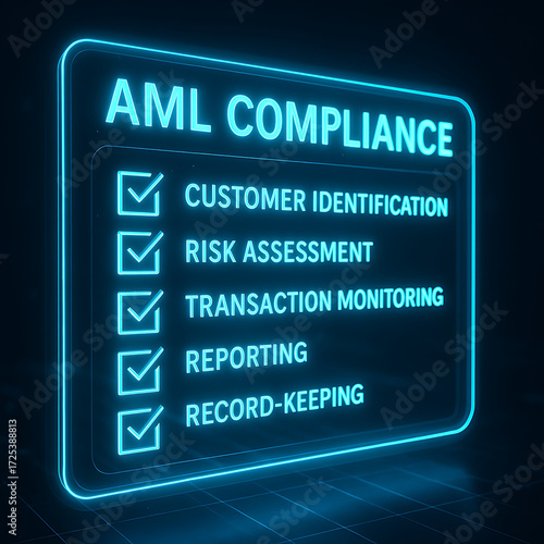AML compliance digital checklist neon holographic concept customer identification risk assessment transaction monitoring reporting record keeping financial regulation anti money laundering security go