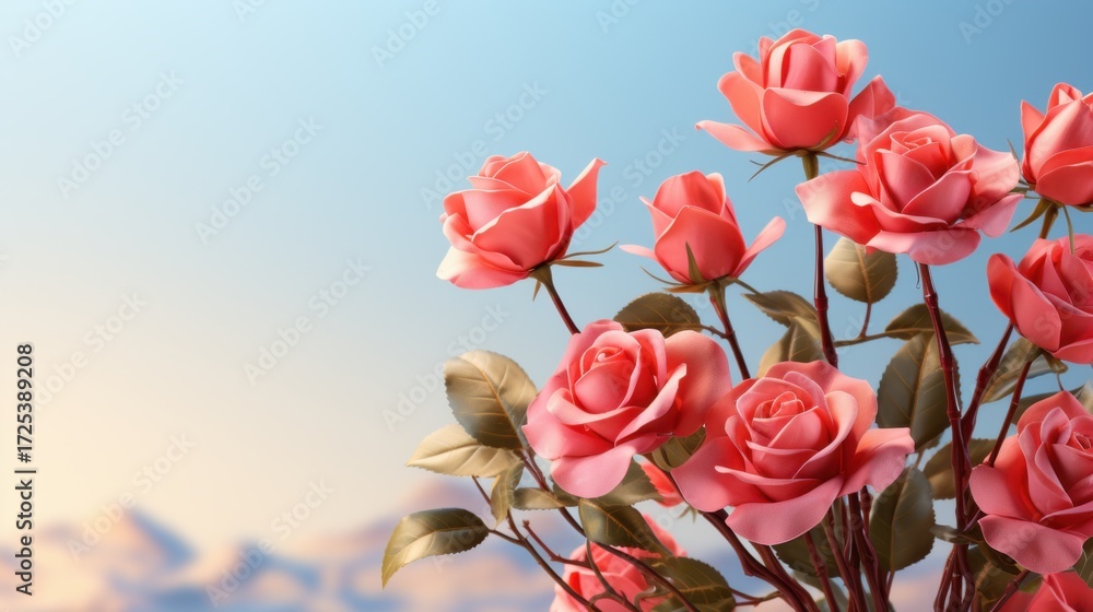 Obraz premium Beautiful pink roses against soft blue sky