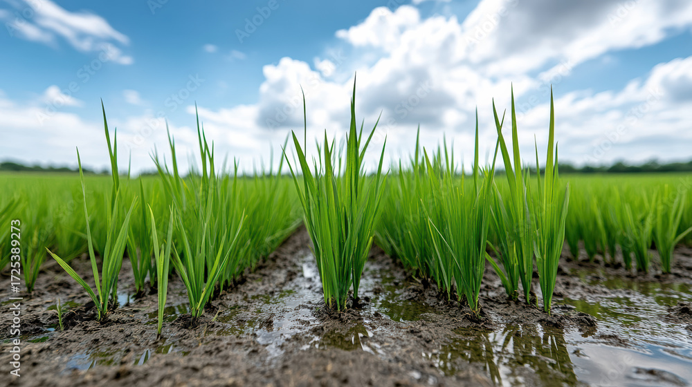 Obraz premium Lush green rice plants grow in flooded fields under bright blue sky with fluffy clouds