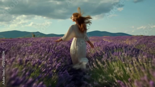 A young Caucasian woman in her 20s with red hair runs joyfully through a lavender field at sunset. Soft golden light creates a dreamy and romantic atmosphere.