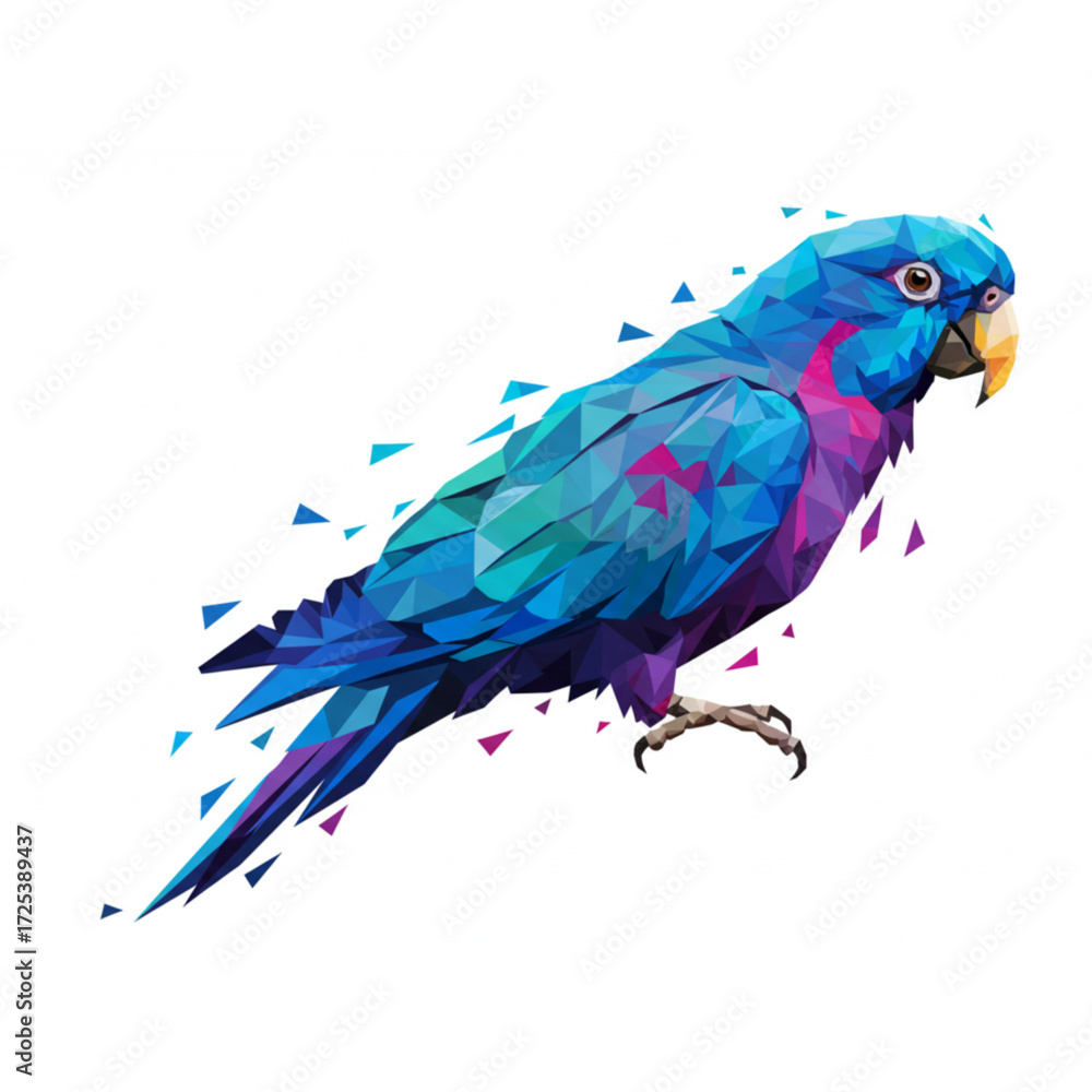 Obraz premium Stunning geometric parrot artwork in vibrant blues and purples for modern designs, creative projects, and eye catching illustrations, reflecting polygonal beauty