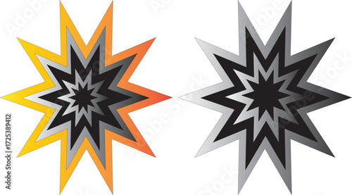 "Dual starburst design with jagged radial layers in warm and grayscale gradients. Symmetrical vector illustration ideal for abstract prints, editorial visuals, and expressive graphic surfaces."