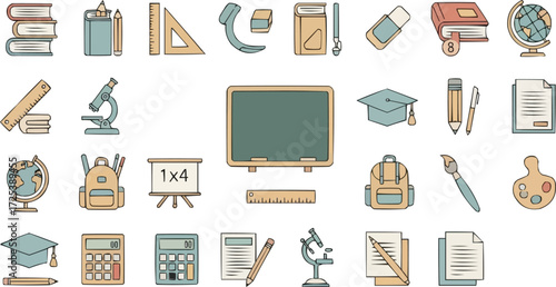 Collection of school and education themed icons and illustrations.