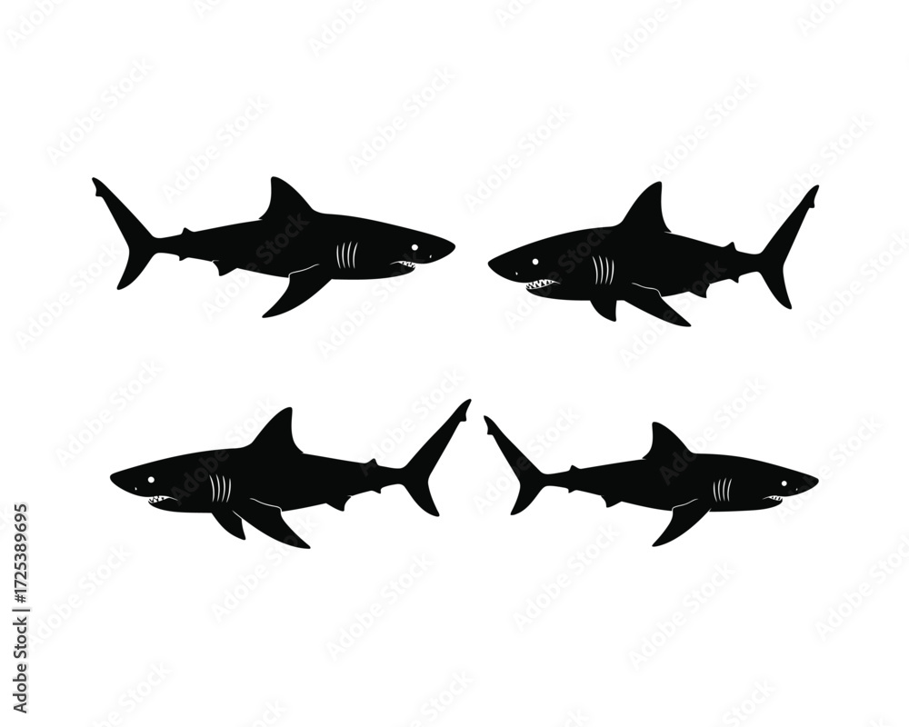 Fototapeta premium Four silhouetted sharks in dynamic poses against a white background representing ocean predators and marine life
