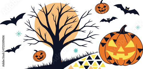 Spooky Halloween Night Illustration with Pumpkins, Bats, Haunted Tree, and Full Moon