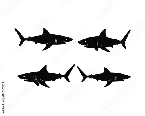 Four silhouetted sharks in dynamic poses against a white background representing ocean predators and marine life