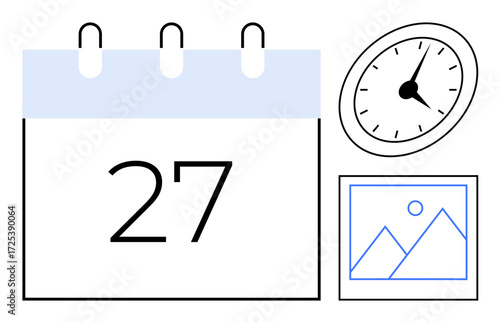 Calendar page with date 27, analog clock, and framed picture of mountains and sun. Ideal for scheduling, time management, organization, productivity, event planning, visual content and simple flat