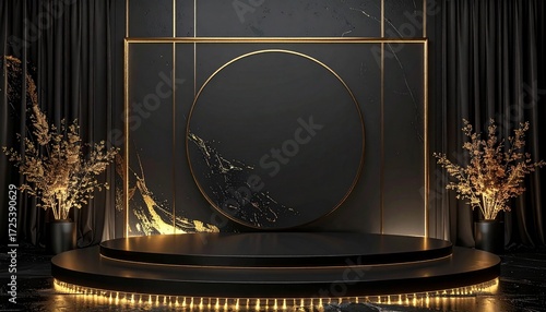 Elegant dark stage with a round black marble podium, golden accents, and glowing lights for a sophisticated product showcase or presentation