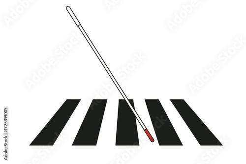 Vector glyph icon of white cane with red tip on pedestrian crosswalk, accessibility and disability support symbol, mobility aid for blind and visually impaired, inclusive design