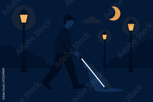 Vector illustration of blind person walking at night with white cane under street lamps and crescent moon, accessibility, disability support, independence, inclusive mobility design