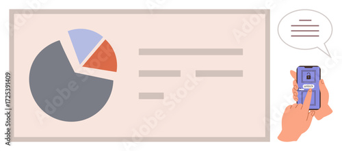 Pie chart with multiple data segments on large board, user interacting with smartphone touchscreen. Ideal for voting system, survey tool, data input, remote collaboration, analytics, feedback, simple