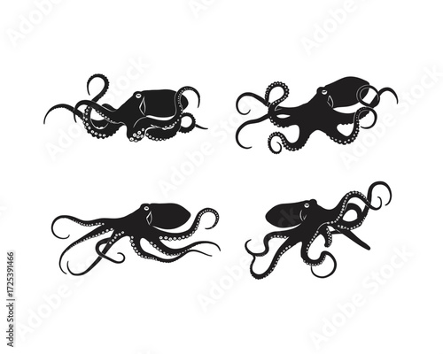 Four stylized black ink silhouette illustrations of octopuses with flowing tentacles on a white background