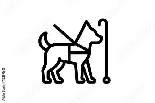 Vector glyph icon of guide dog with harness and white cane, assistance animal symbol for blind and visually impaired, accessibility, disability support, mobility aid, inclusive design