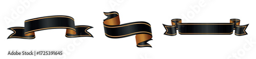 Set of three elegant black ribbon banners with gold trim, perfect for adding touch of sophistication to invitations, certificates, website headers, or any other graphic design project. Isolated 