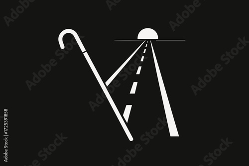 Abstract vector illustration of white cane and road leading to horizon with rising sun, symbol of independence, accessibility, mobility, and hope for White Cane Safety Day