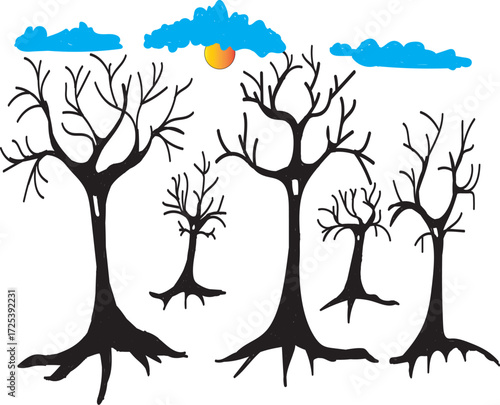 "Stylized winter landscape with leafless black trees, blue clouds, and orange sun on white. Minimal vector illustration ideal for seasonal themes, editorial art, and symbolic nature concepts."