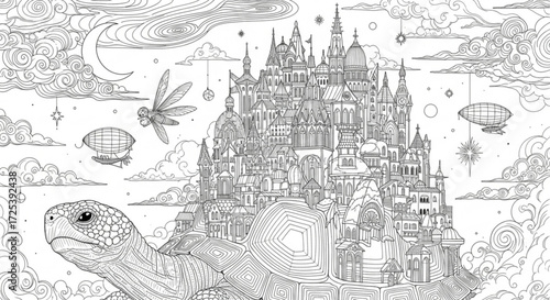 Detailed turtle city coloring page for adults and kids fantasy architecture line art illustration