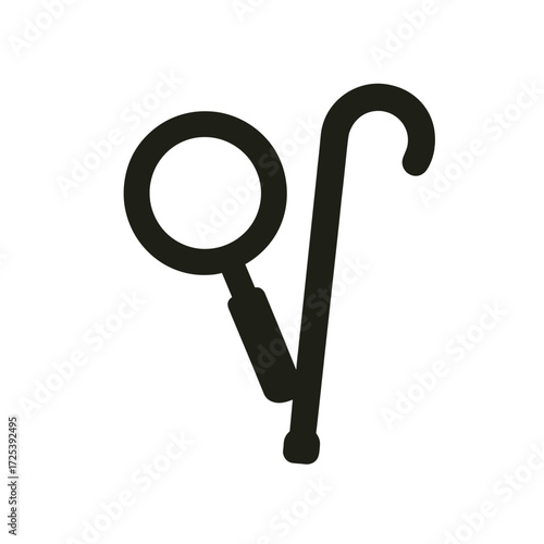 Vector glyph icon of magnifying glass and white cane combined, accessibility and disability support symbol, assistive device, inclusion, independence, universal design concept
