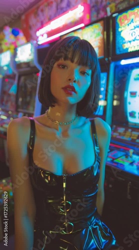 Neon Arcade Vibes: Stylish Portrait Series in Vibrant Gaming Scene 