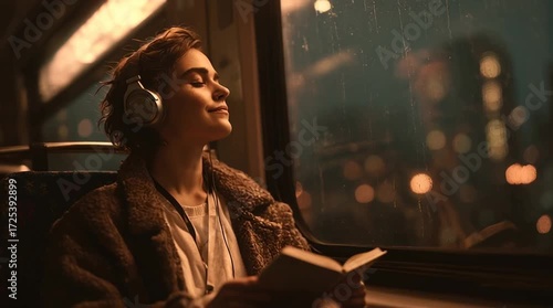 Young Woman Enjoys a Peaceful Train Journey- Immersed in a Book and Music- Subtle Frame Transition