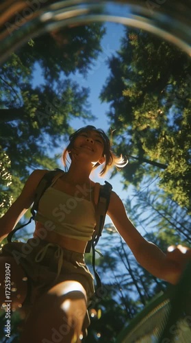 Energetic Hiking Adventure beneath Sunlit Forest Canopy with Vibrant Hair Movement and Dynamic Frame Transitions 