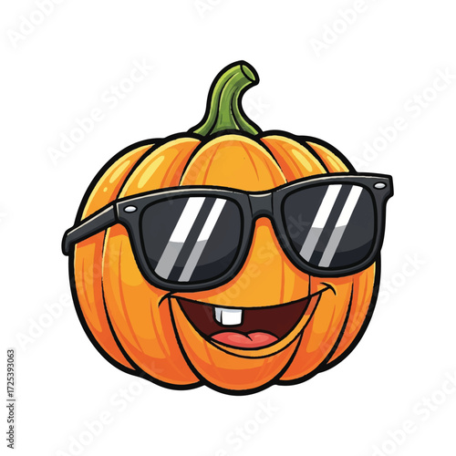 Cheerful cartoon pumpkin character wearing cool sunglasses and smiling with a missing front tooth, ready for autumn festivities.