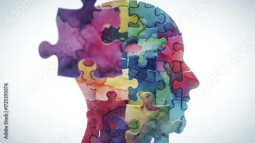 Conceptual Animation of a Human Head Formed by Colorful Jigsaw Puzzle Pieces.