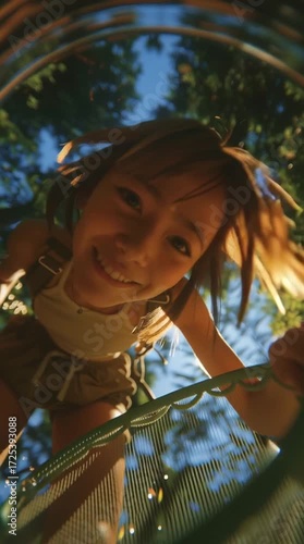 Joyful Adventure in a Sunlit Forest: Smiling Girl Engages with Nature from Unique Perspective 