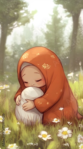Tender Embrace Girl in Hijab Hugging in Meadow