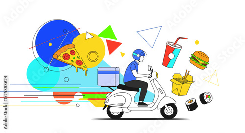 Fast food delivery service with a person riding a scooter bringing delicious meals to your door.