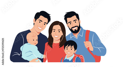 A diverse modern family of five including two fathers and two children celebrates togetherness and joy.