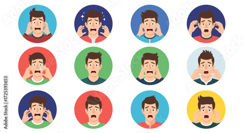 A collection of diverse male faces showing various expressions of fear and shock in circular avatars.