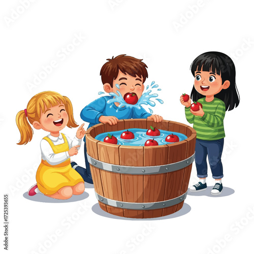 Children playing bobbing for apples in a wooden barrel filled with water and apples, with one child splashing water while trying to catch an apple with their mouth.
