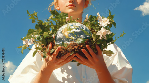Woman Person holding globe surrounded by green foliage, white flowers under blue sky. Symbol of environmental care, global responsibility, eco branding, editorial design, sustainability campaigns