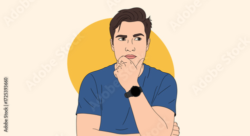 A pensive young man with his hand on his chin considering his next move.